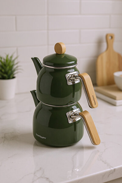 Empressco Koyu Yeşil Bambu Kulplu Emaye Çaydanlık Takımı, şık ve dayanıklı ta...