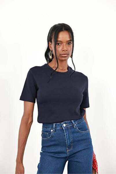 5in1Canpolat Μπλουζάκι Navy Blue Crew Neck Basic T-shirt 1075