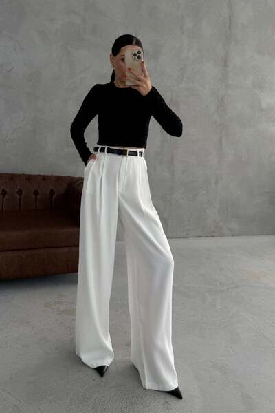 ÇEÇİM Pantaloni de damă talie înaltă cu pliuri wide-leg din material textil N...