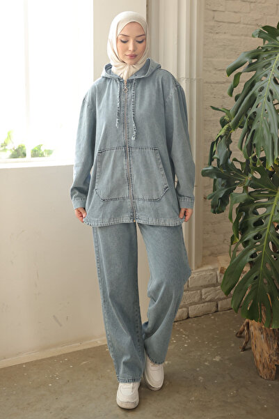 İmajButik Blue Hooded Pocket Denim Jacket and Trousers Set