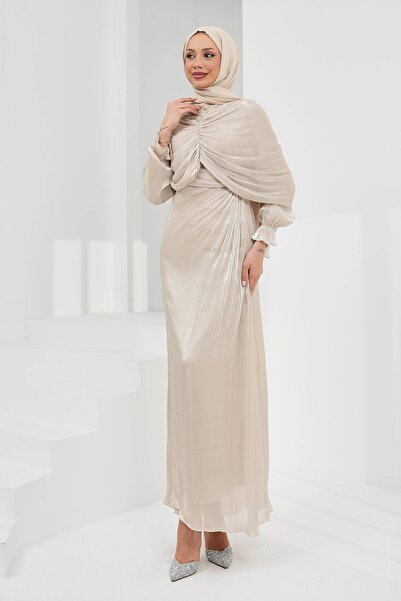 İmajButik Stone-Fronted Draped Mobile Cape Evening Dress