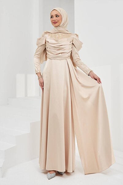 İmajButik Beige Draped Front Stoned Satin Evening Dress
