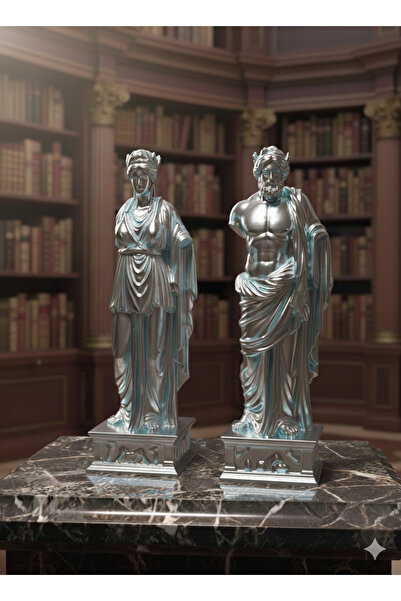 Pilovestik 2'li Antik Yunan Heykel Seti - 20 cm Dekoratif Büst Biblo - Gümüş