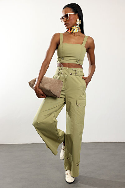 5in1Canpolat Khaki Cargo Pocket Detailed Trousers Bustier Set 3328-1451