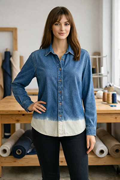 Kutaf Women's Blue Gradient Denim Shirt Long Sleeve Button down Jeans Shirt