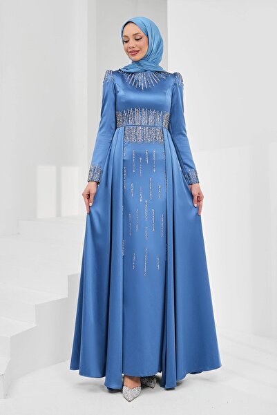 İmajButik Indigo Satin Evening Dress with Stones on the Front