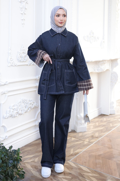 İmajButik طقم جينز مع سترة ذات حزام باللون الأزرق الداكن وبنطلون