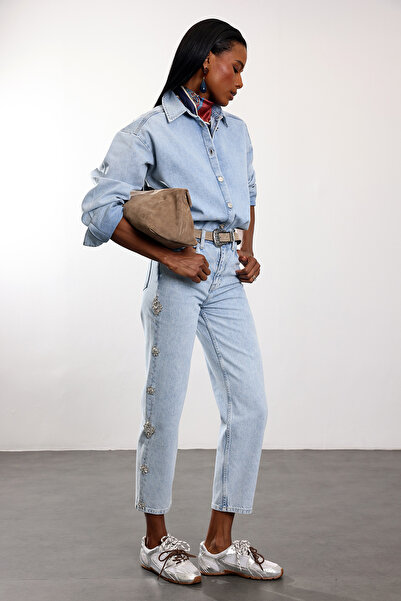 5in1Canpolat Blugi cu broderie cu pietre albastre, croială dreaptă