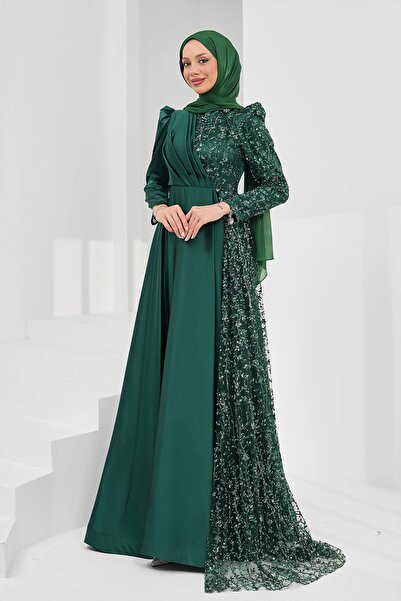 İmajButik Emerald Green Draped Front Sequined Satin Evening Dress