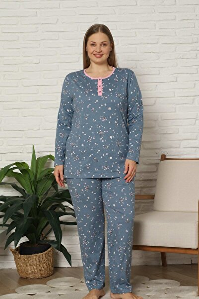 ALİMER Plus Size Women's Pajama Set - Floral Patterned Long Sleeve Combed Cot...