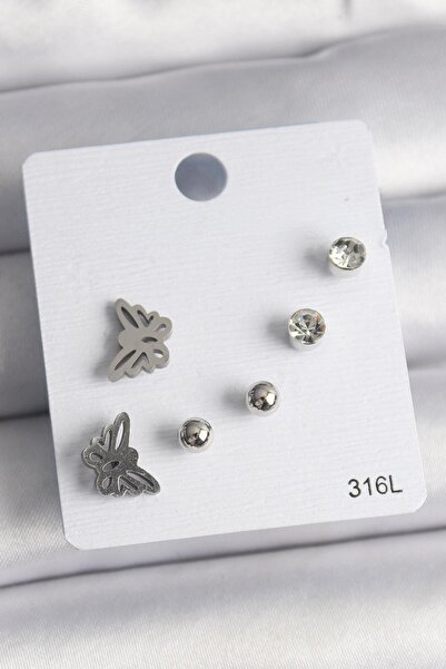 BUTİK AYVİTRİN 316L Steel Silver Color Zircon Stone Butterfly Model Women's E...