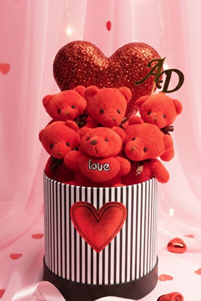 Livra Gift Kişiye Özel Harfli Premium Çizgili Silindir Kutuda Kırmızı Peluş A...