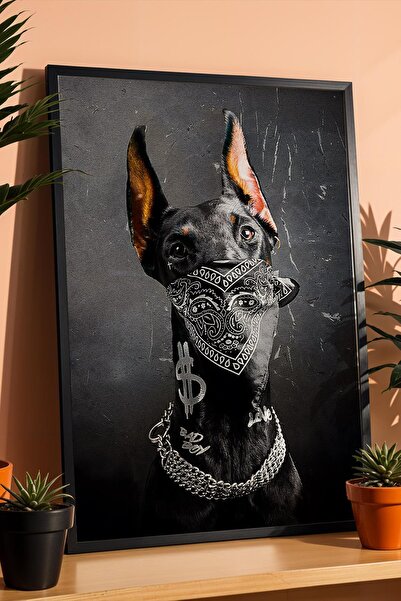 Saturn Bad Dog Framed Painting Bandana  Doberman Dog Hip-Hop Fans Gift Modifi...