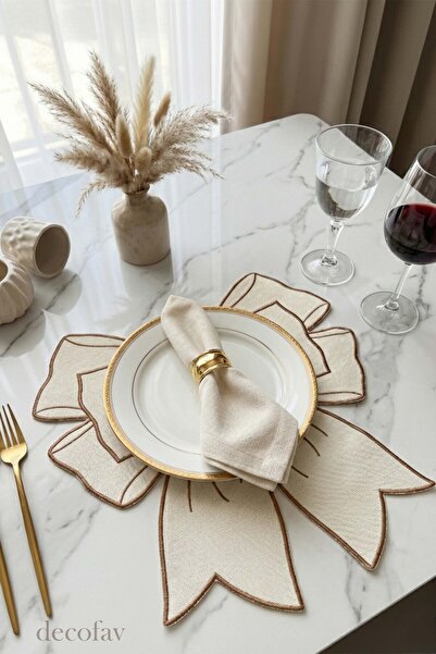 decofav Bow Ekru Kumaş Fiyonk Form Tarçın Nakışlı Amerikan Servis 35x39 cm- 1...