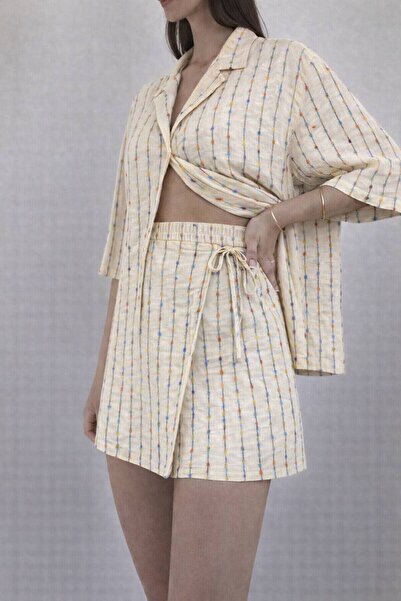 ÇEÇİM Women's Striped Tie-Detail Shirt & Shorts Set Zyn-58886