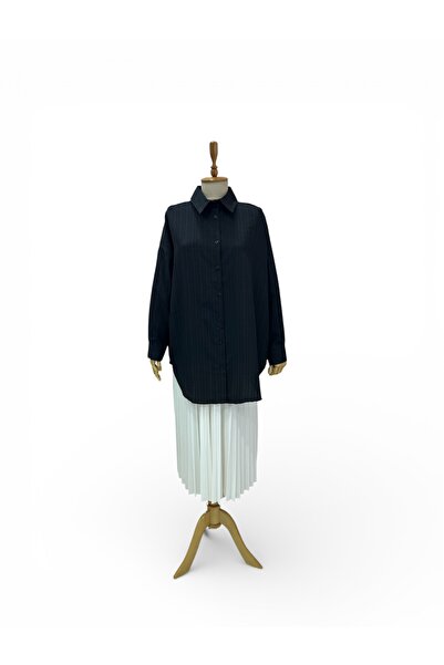 BUTİK SEPETİN Siyah Çizgili Oversize Gömlek 36/42 Standart