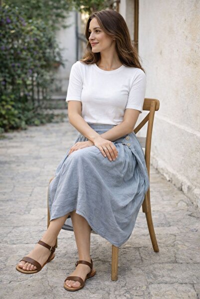 AGORATEKSTİL Women's New Season Buttoned % Cotton Fabric Skirt