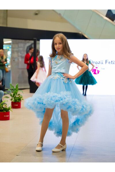 RochiteOcaziiFetite Elegant Long Dress for Girls with Train Blue