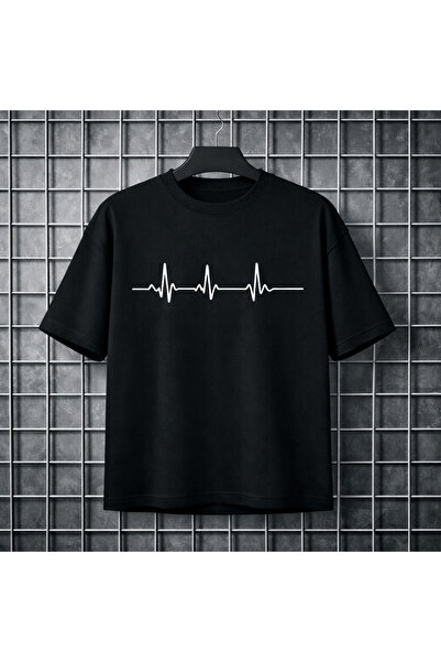 metsawear Pulse Line Printed Oversize Black T-Shirt 100% Cotton 20/1 Single J...