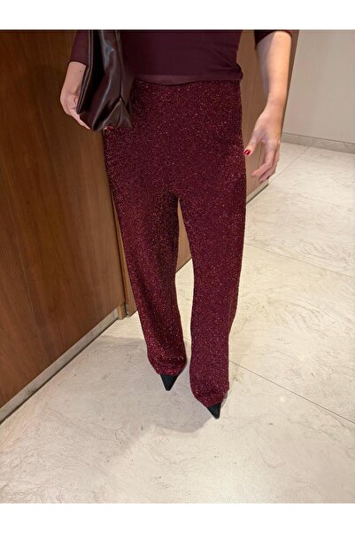 begum mayda Full Likralı, Bordo Parıltılı Tiril Palazzo Pantolon