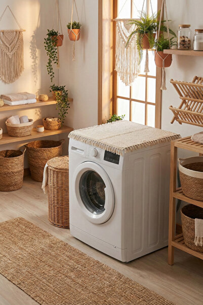 Morlay Vintage Püsküllü Çamaşır Makinesi Örtüsü - Çeyizlik Buldan Bezi Dekoratif Banyo Makine Kılıfı