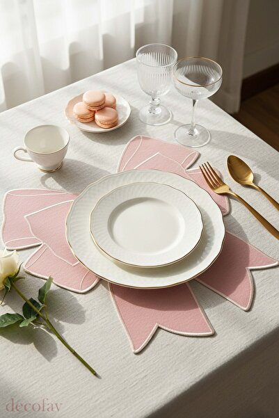 decofav Bow Pembe Kumaş Fiyonk Form Beyaz Nakışlı Amerikan Servis 35x39 cm- 1...