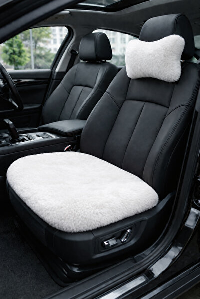 Yastıkland BEYAZ PELUŞ ARAÇ BOYUN YASTIĞI VE KOLTUK PEDİ 2’Lİ TAKIM