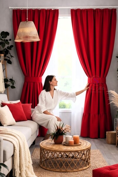 shules collection Natural Vintage Red Linen Curtain with Ruffles at the Botto...