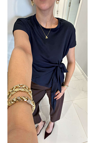 BİRCANÇİL Oyh Jerra Navy Blue Blouse with Side Tie Detail