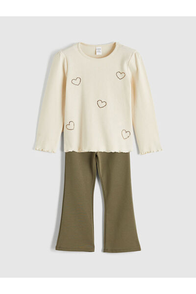 LC Waikiki Bluză și pantaloni tip legging pentru fete LCW KidsEkru Kalp cu im...