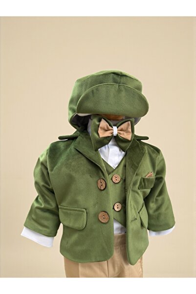 Inovius Costum botez catifea kaki- DPH306 - Marime: 9-12 luni