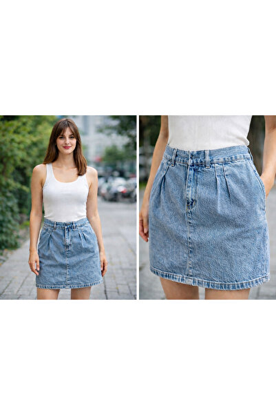 Kutaf Women's Light Blue High Waist Denim Mini Skirt – Pleated Denim Skirt Da...