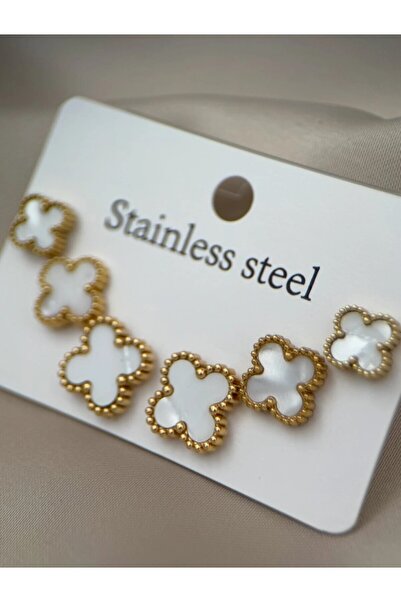 Rojmix Set of 6 White Clover Earrings – Stainless Steel Gold Color Stylish De...