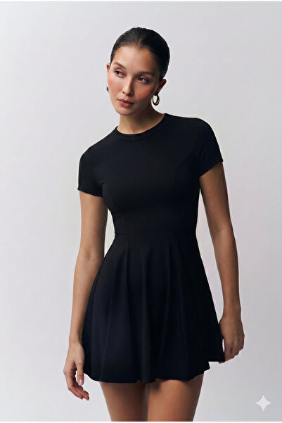Edela Crew Neck Short Sleeve Black Dress