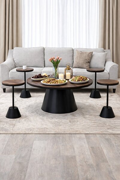 terndat Table set with 4 serving tables, brown wood, iron base