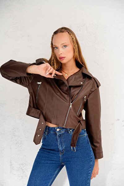 VESS MODA New Season Belt Detailed Crop Faux Leather Jacket