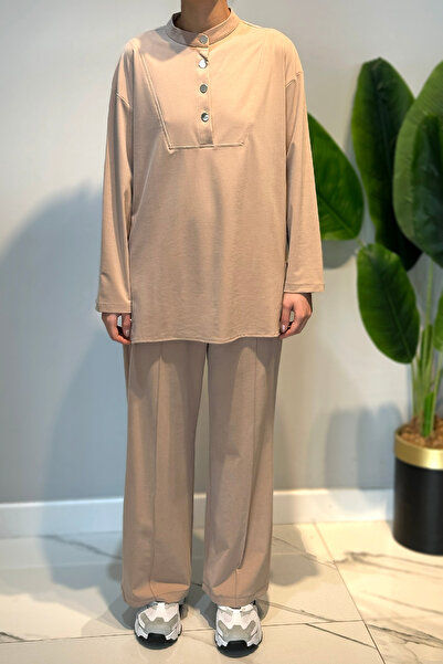 Lale Butik Cotton Studded Detail Tunic Trousers Set 4437 Beige