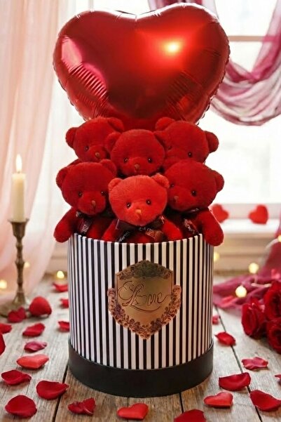 Livra Gift Kırmızı Peluş Ayıcık Buketi & Kalp Balonlu Özel Seri Love Hediye K...