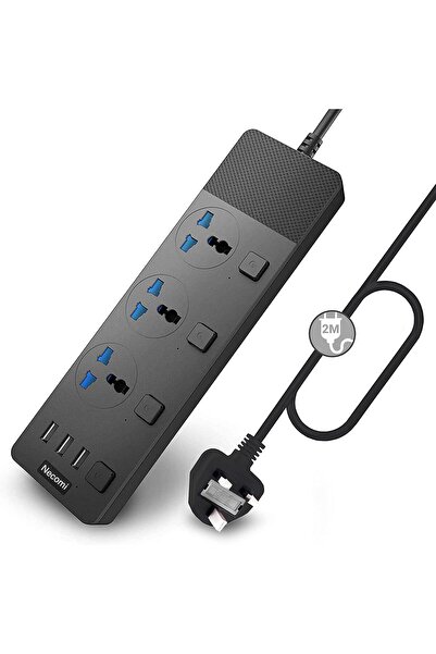 NECOMI Extension Lead with 3 USB Slots | 2 Meter Cable Cord Power Strip, 3 Wa...