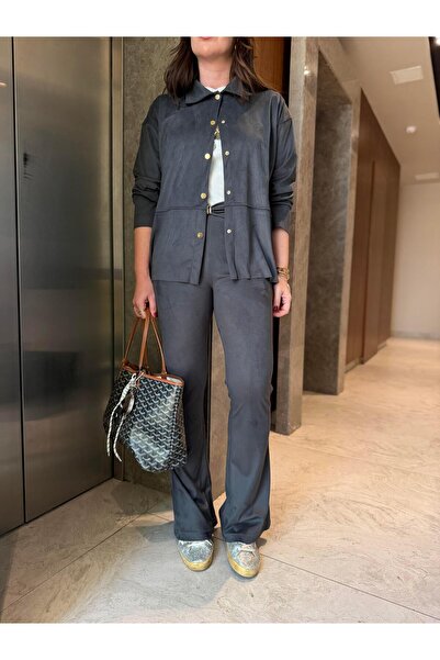 begum mayda Gold Aksesuarlı , Antrasit , Premium Süet , İspanyol Pantolon