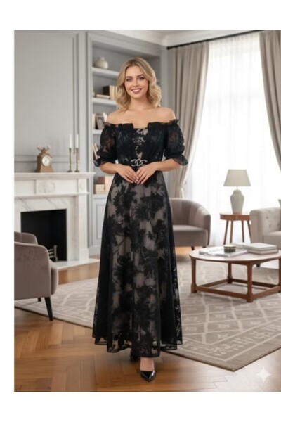 FULLJOY Off-the-shoulder long dress with short sleeves and a belt at the wais...