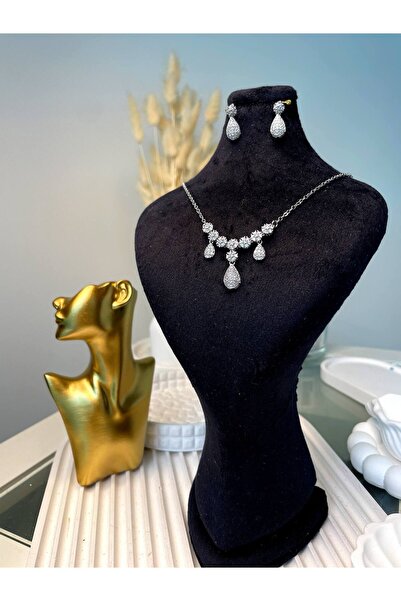 Luxiva Gümüş kaplama premium zirkon taşlı kolye küpe takı hediye seti