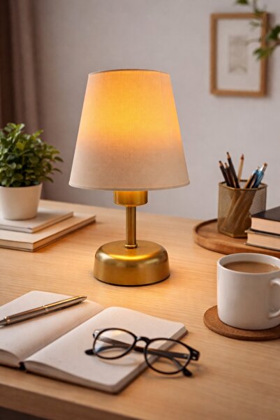 MİLA AYDINLATMA KREM Konik Şapkalı PİLLİ Eskitme Masa LambasıCAFE Salon Yatak...