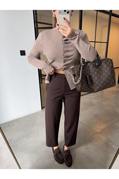 BB Bensu Buyruk High Waist Short Leg Classic Cut Pants Brown