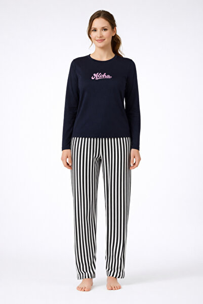 sleeproom Aloha Printed Long Sleeve Women's Pajama Set – Navy Blue & Striped