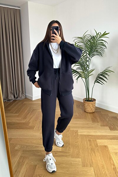 BARLİZ Women's 3-Thread Basic Hooded Zippered Cardigan Tracksuit Set