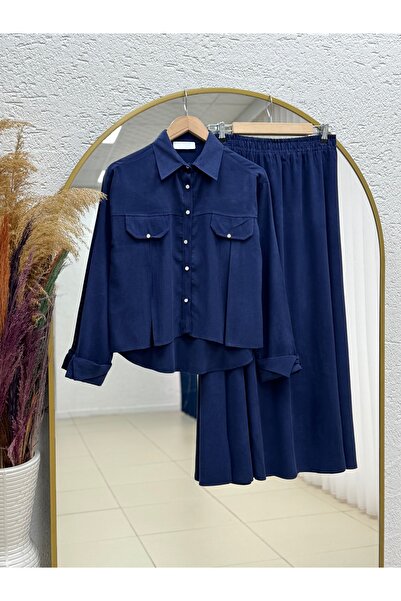 MİHRA STORE Ecem Beaded Buttoned Robe with a Pleated Skirt Set-Mf589 Navy Blue