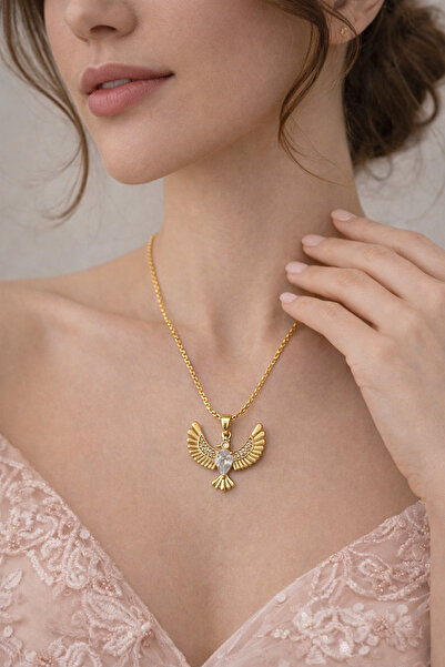FERİHA DESING Steel Phoenix Necklace – Gold Plated Trendy Model with Zircon S...