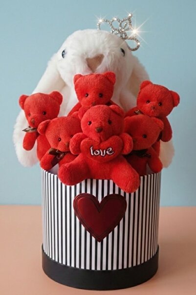 Livra Gift Premium Çizgili Silindir Kutuda Taçlı Peluş Tavşan ve "Love" Temal...