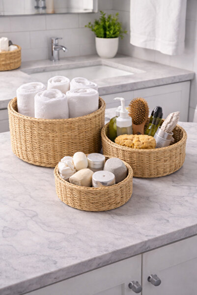 ecrella 3’lü Çok Amaçlı Hasır Sepet Seti – Banyo & Mutfak Organizer – Dekorat...